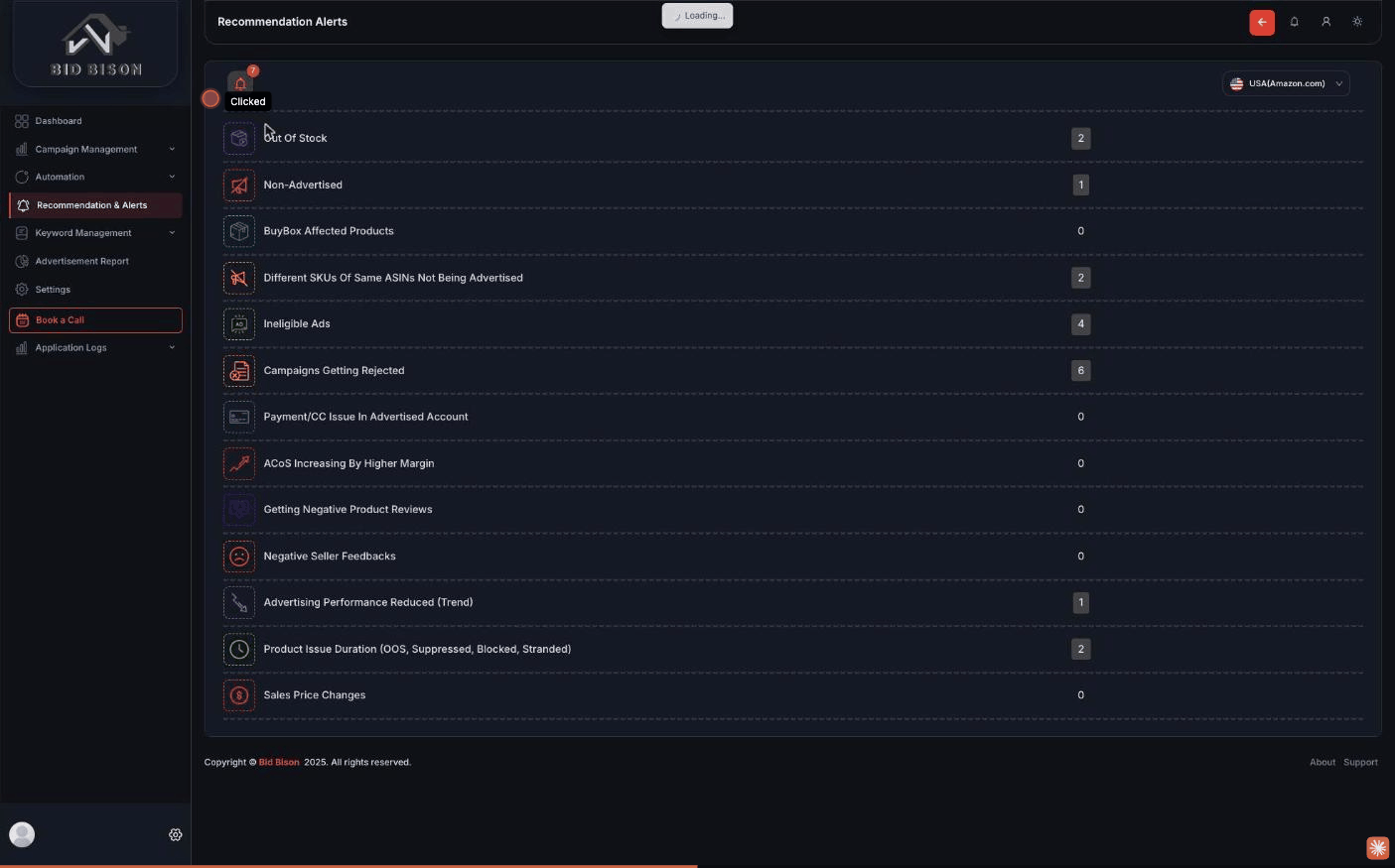 Recommendation and alerts feed listing out-of-stock, non-advertised, and rejected-campaign issues