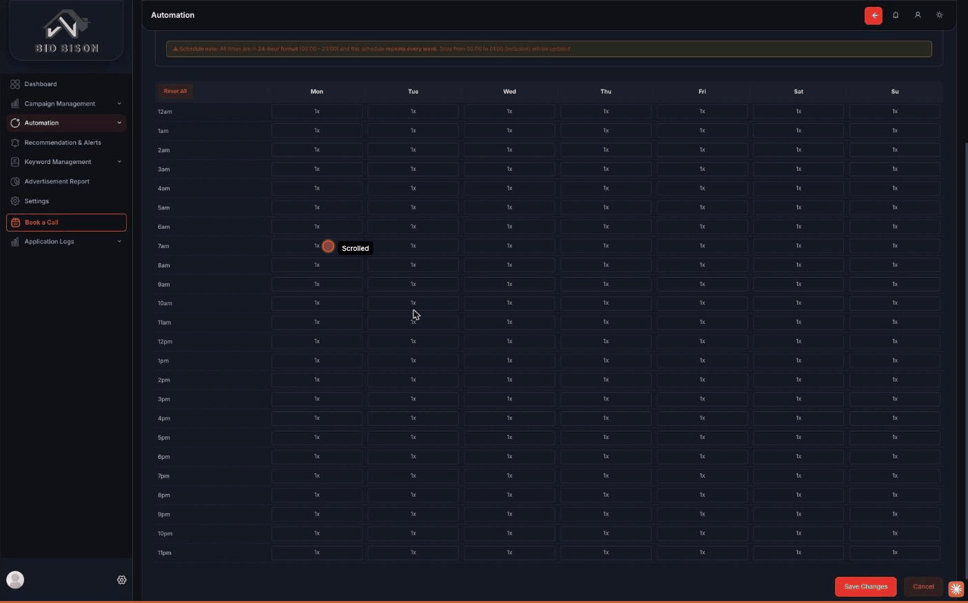 Day-parting schedule grid with hourly bid multipliers across the week