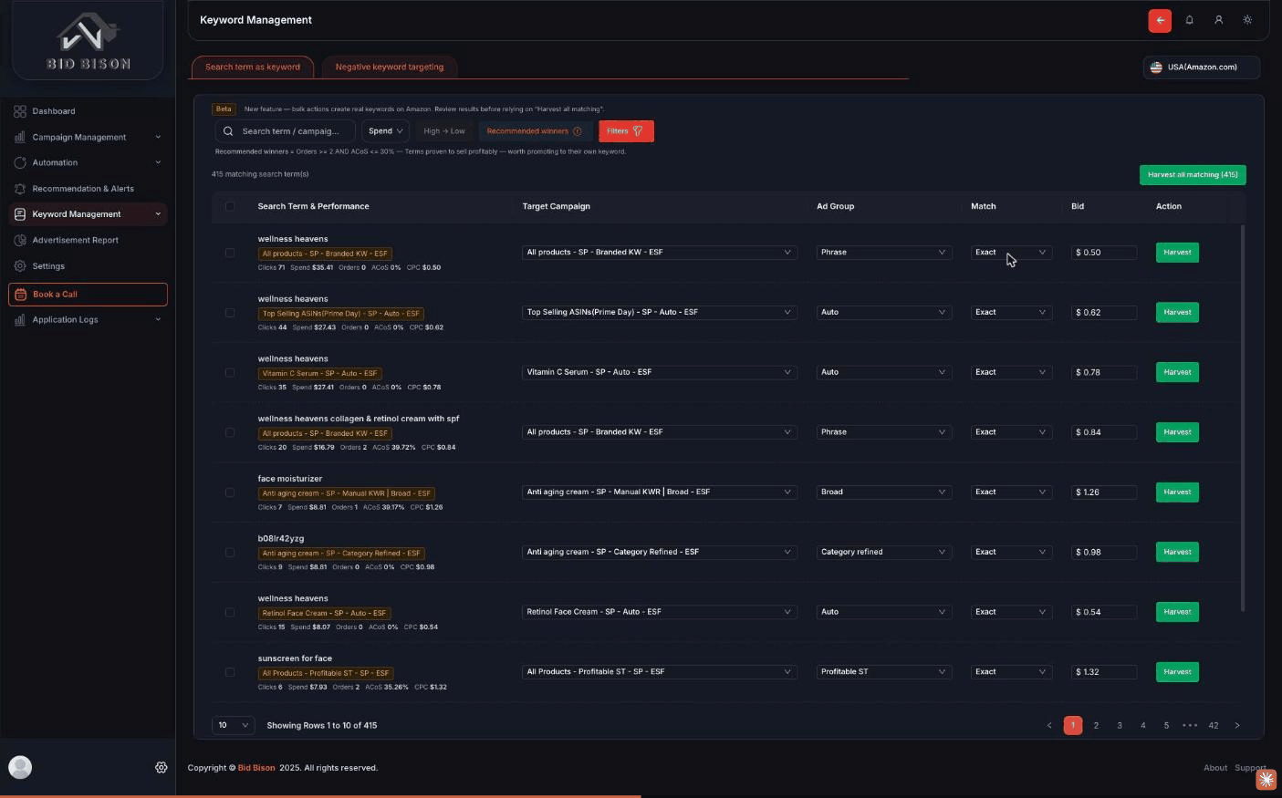 Search-term harvesting table with recommended winners and one-click harvest into keywords