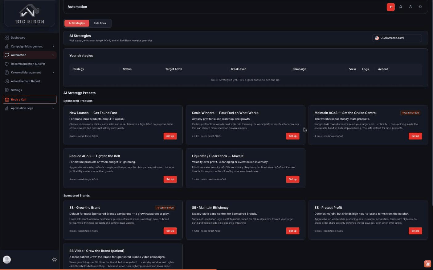BidBison strategy picker with AI Strategy presets like Maintain ACoS and Scale Winners
