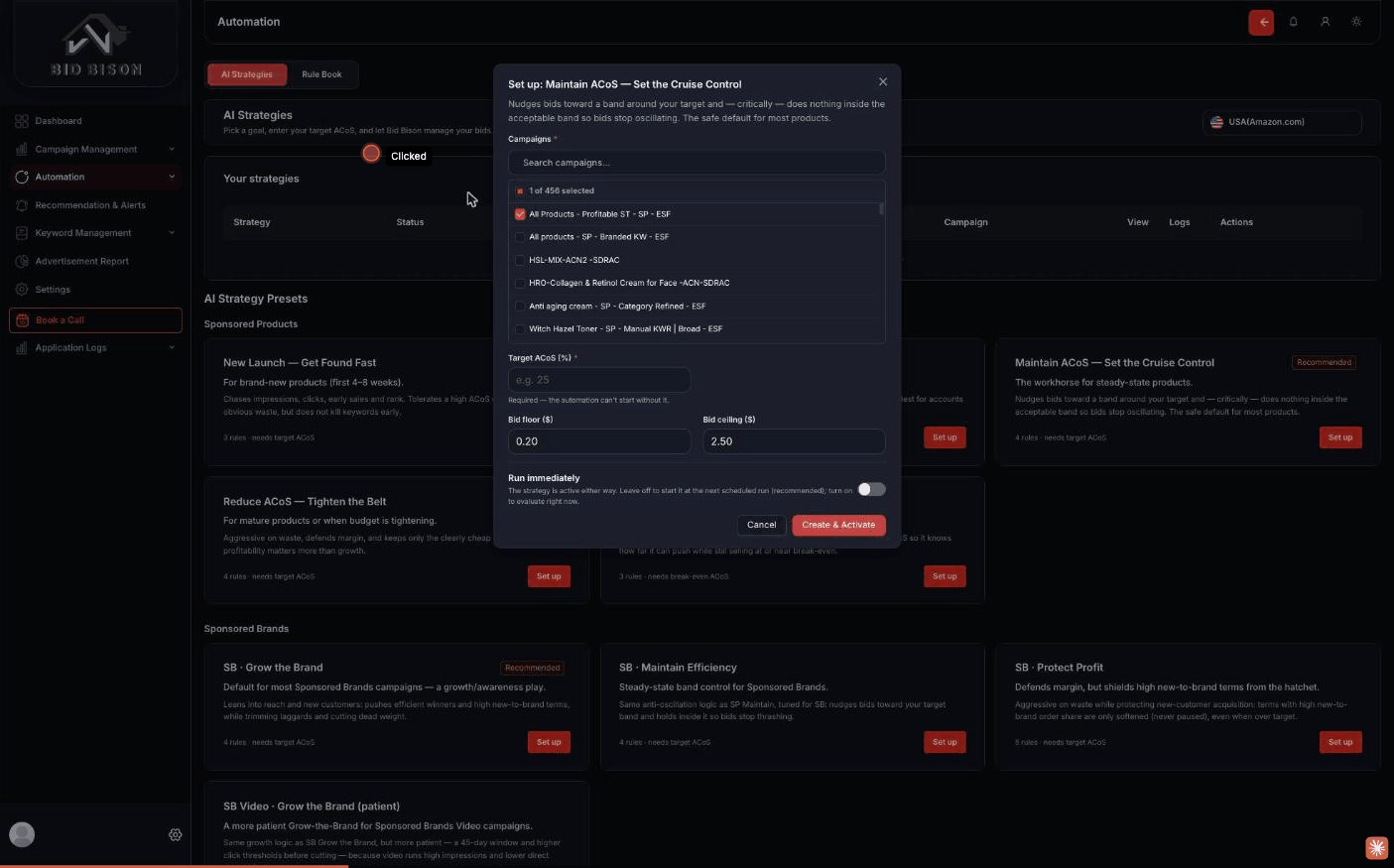 Target ACoS strategy setup with bid floor, bid ceiling and campaign selection